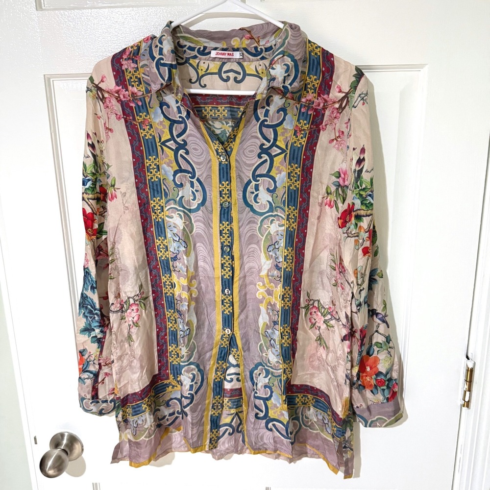 Johnny Was Silk Button Down Blouse XS Floral Paisley Scarf Print Long Sleeve Top
